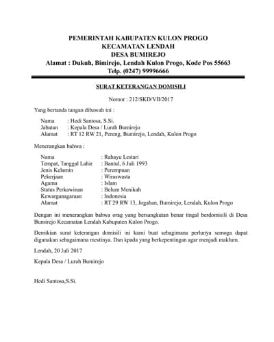 Contoh Surat Keterangan Domisili
