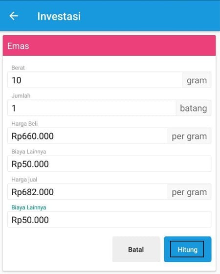 Simulasi Perhitungan Investasi Emas Aplikasi Ultimaprensa 1